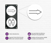 Diectional Arrow White Toilet Symbol, 150mm Disc, Self Adhesive.