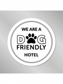We Are A Dog Friendly Hotel, Self Adhesive Window Sticker, 150mm Disc.