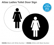 'Ladies Toilet' Symbol Disc with Self Adhesive Backing Black/White 120mm