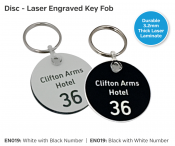 White 40mm Disc Key Fob W Black Text & Number (2 Lines)