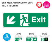 Exit Man (Arrow Down Left) Self-Adhesive Vinyl, 150x450mm.