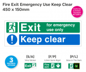 Emergency Exit, Keep Clear (2 Colour) Rigid Sign, 150x450mm.