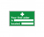 Your First Aider Is/ Located, Self-Adhesive, 300x150mm.