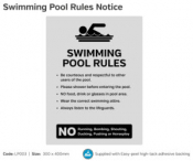 Silver 'Swimming Pool Rules/ Be Courteous' Notice, 300x400mm.
