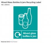 Mixed Glass Bottles & Jars Recycling, Self Adhesive Vinyl, 200x150mm.