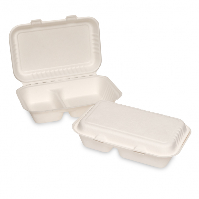 Bagasse Clamshell Lunch Box 2 Compartment 9x6Inch x250