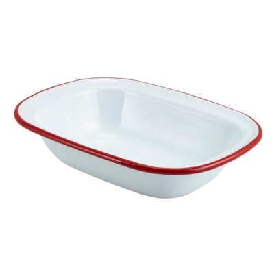 DISCONTINUED Enamel Rect. Pie Dish White with Red Rim 20cm