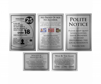 Sign Essentials Bar Licensing Sign Pack (Pkt 5 Notices Silver) (BL020)