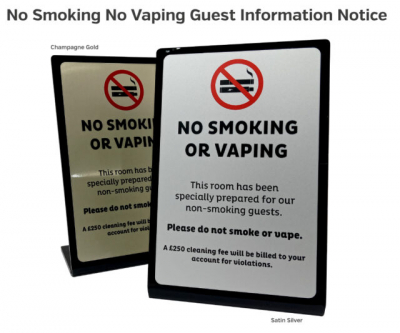 Silver/Black 'No Smoking/ Vaping' Table Notice, 100x150x60mm