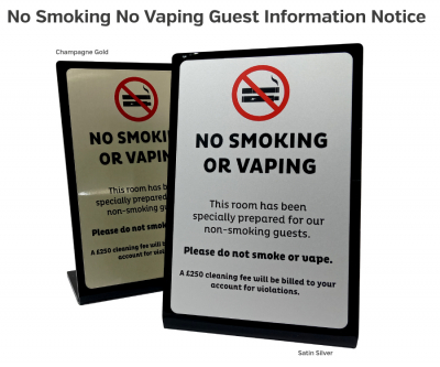 Gold/Black 'No Smoking/ Vaping' Table Notice, 100x150x60mm