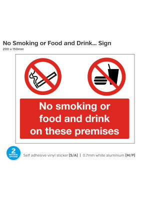 No Smoking Or Food Etc. On Premises, Self Adhesive Vinyl, 200x150mm.
