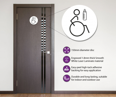 Disabled & Baby, Right White Toilet Symbol, 150mm Disc, Self Adhesive.