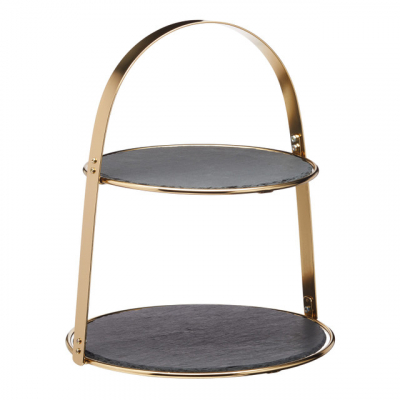 Artes� Brass Cake Stand with Round Slate Serving Platters 2-Tier 29.5x35cm