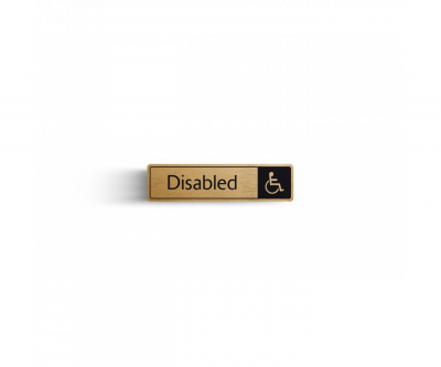 Disabled Toilet Symbol with Text, Black On Gold, 180x45mm.