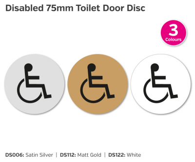 Disabled White Toilet Symbol, 75mm Disc, Self Adhesive Backing.