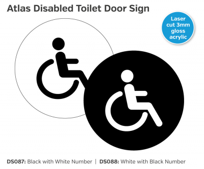 'Disabled Toilet' Symbol Disc with Self Adhesive Backing White/Black 120mm