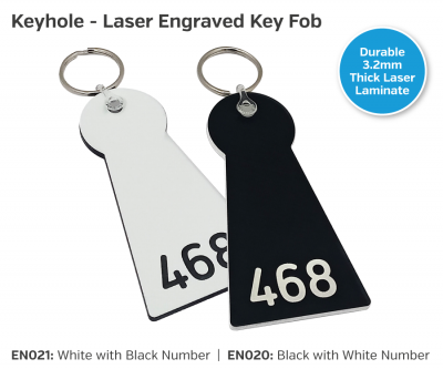 Black 46X90mm 'Keyhole' Shape Key Fob W/ White Number Only.