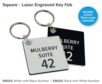 White 45X45mm Square Shape Key Fob W/ Black & Text (2 Lines)