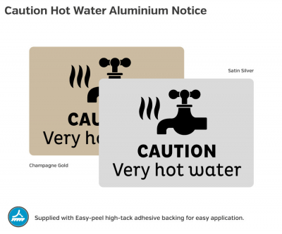 Gold/Black 'Very Hot Water' Wall Mount Notice, 105X74mm.