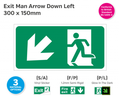 Exit Man (Arrow Down Left) Self-Adhesive Vinyl, 150x300mm.