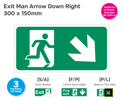Exit Man (Arrow Down Right) Photoluminescent, 150x300mm.