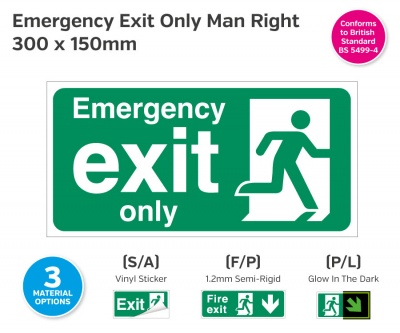 Emergency Exit Only (Right) Photoluminescent, 150x300mm.