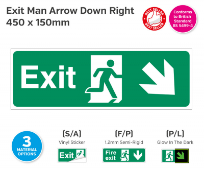Exit Man (Arrow Down Right) Self-Adhesive Vinyl, 150x450mm.