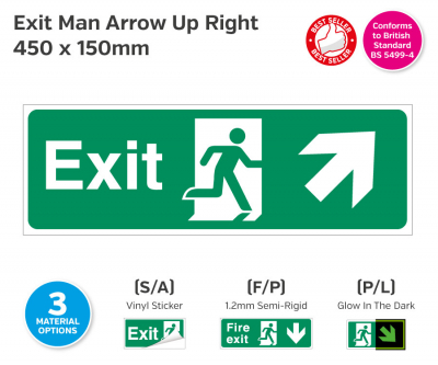 Exit Man (Arrow Up Right) Rigid Sign, 150x450mm.