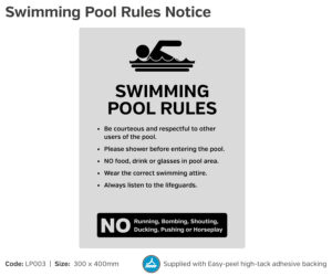Silver 'Swimming Pool Rules/ Be Courteous' Notice, 300x400mm.