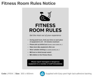 Silver 'Fitness Room Rules' Notice, 300x400mm.