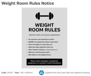 Silver 'Weight Room Rules' Notice, 300x400mm.