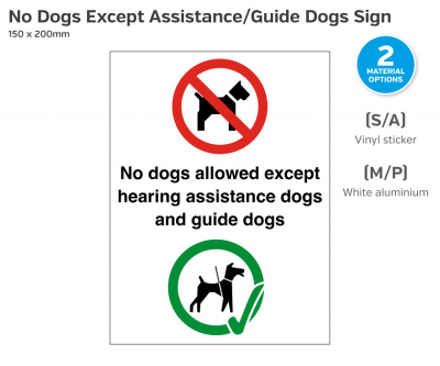 No Dogs Except Hearing/ Guide Dogs, Self Adhesive Vinyl, 200x150mm.
