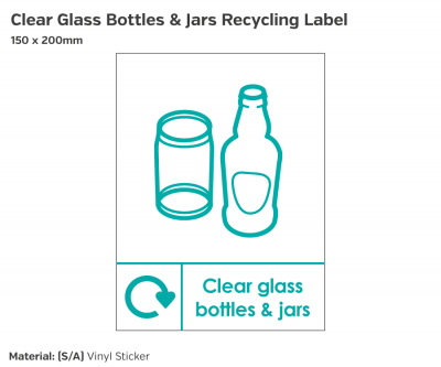 Clear Glass Bottles & Jars Recycling, Self Adhesive Vinyl, 200x150mm.